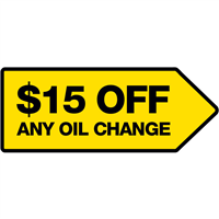 48" x 18" FullSpeed Automotive Yellow $15 Off Any Oil Change Arrow Spinner Sign (double-sided)