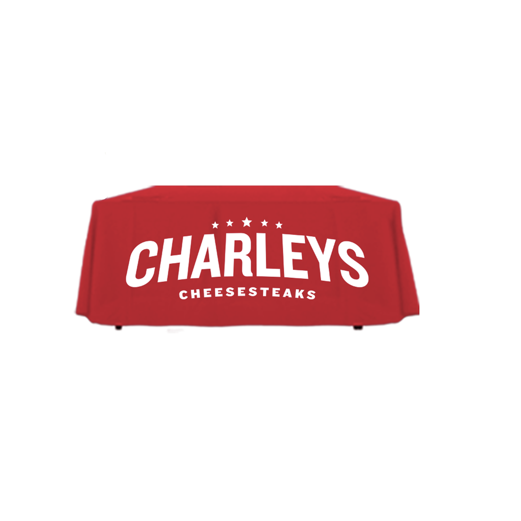 8' Charleys Philly Steaks Red Logo Cheesesteaks Tablecloth (draped)